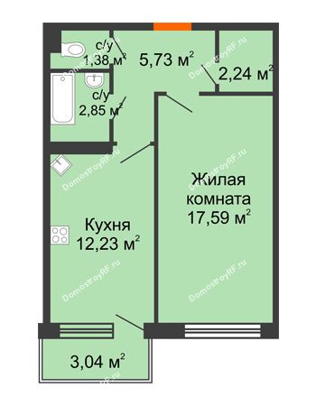 1 комнатная квартира 43,78 м² - ЖД Дом Философа