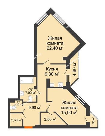 2 комнатная квартира 76,4 м² в ЖК Архиерейская роща, дом № 54б