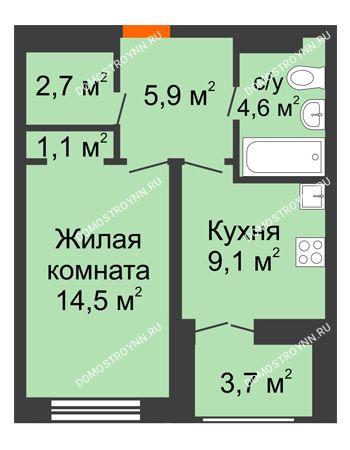 1 комнатная квартира 39,75 м² в ЖК Заречье, дом №1, секция 2