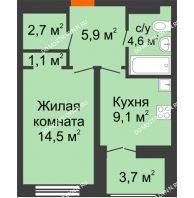 1 комнатная квартира 39,75 м² в ЖК Заречье, дом № 1, секция 2 - планировка