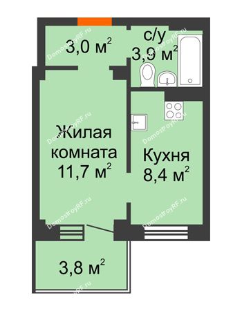 1 комнатная квартира 28,1 м² в ЖК Тихие зори, дом № 4, блок-секция 1,2,3,4
