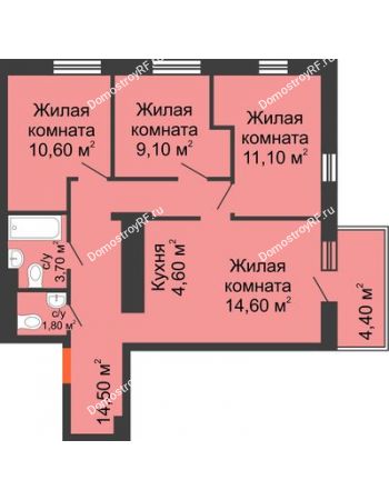 4 комнатная квартира 71,3 м² в ЖК Новый кленовый, дом № 2(2 этап)