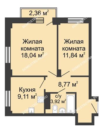 2 комнатная квартира 52,38 м² - ЖК Каскад на Волжской