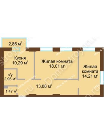2 комнатная квартира 61,67 м² в ЖК Солнечный, дом № 3