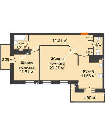 2 комнатная квартира 72,52 м² в ЖК Покровский, дом № 1