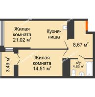 2 комнатная квартира 50,58 м² в ЖК Столичный, дом корпус А, блок-секция 1,2,3 - планировка