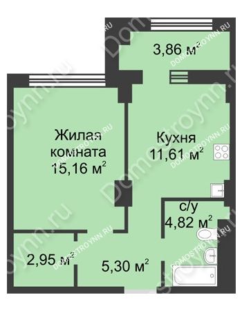 1 комнатная квартира 41,77 м² в ЖК Караваиха, дом № 5