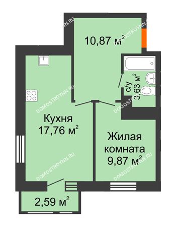1 комнатная квартира 44,72 м² в ЖК Книги, дом № 1