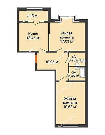 2 комнатная квартира 69,83 м² в ЖК Сердце, дом № 1