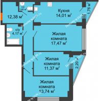 3 комнатная квартира 76,42 м² в ЖК Рубин, дом Литер 1 - планировка