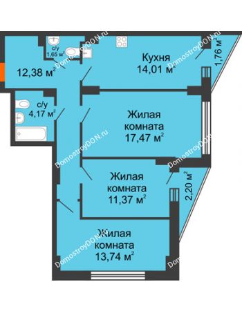 3 комнатная квартира 76,42 м² в ЖК Рубин, дом Литер 1