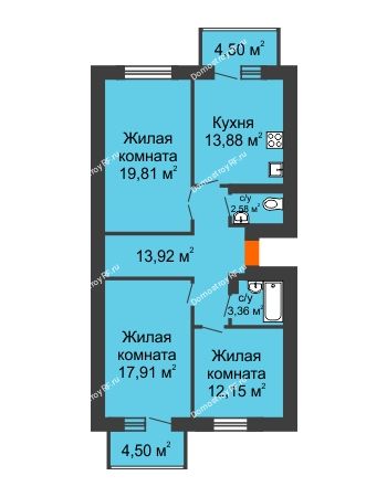 3 комнатная квартира 86,31 м² в ЖК Живём, дом № 2, квартал 3