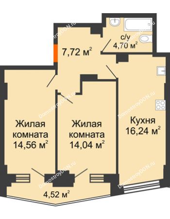 2 комнатная квартира 59,14 м² в ЖК Рубин, дом Литер 3
