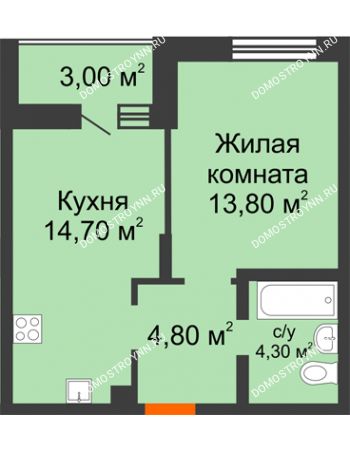 1 комнатная квартира 40,6 м² в ЖК Подкова на Цветочной, дом № 9