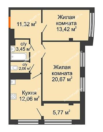 2 комнатная квартира 68,75 м² в ЖК Малахит, дом № 1