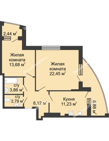 2 комнатная квартира 73,45 м² в ЖК Тихий Дон, дом № 1