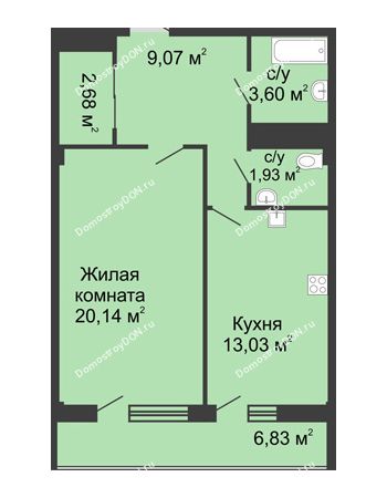 1 комнатная квартира 51,3 м² в  ЖК РИИЖТский Уют, дом Секция 1-2