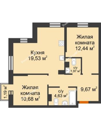 3 комнатная квартира 60,11 м² в ЖК Сердце Сибири, дом № 76, квартал Геологов (ГП-2)