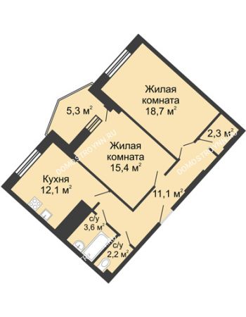 2 комнатная квартира 70,8 м² в ЖК Монолит, дом № 89, корп. 3
