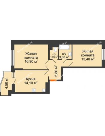 2 комнатная квартира 57,9 м² в ЖК Перспектива, дом Литер 3.5