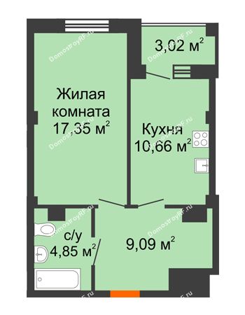1 комнатная квартира 43,46 м² в Жилой район Берендей, дом № 14