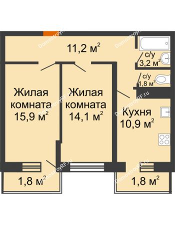 2 комнатная квартира 60,7 м² в Фруктовый квартал Абрикосово, дом Литер 3