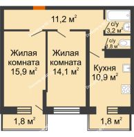 2 комнатная квартира 60,7 м² в Фруктовый квартал Абрикосово, дом Литер 3 - планировка