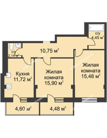 2 комнатная квартира 64,8 м² в ЖК Премиум, дом №1