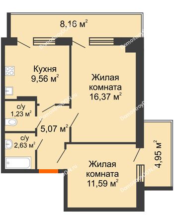 2 комнатная квартира 58,85 м² в ЖК Северный Остров, дом № 5