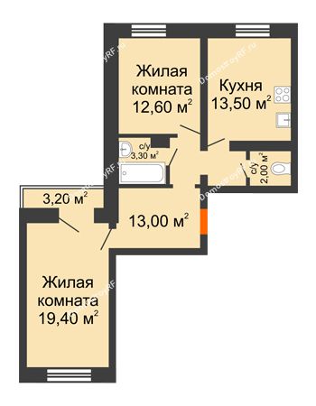 2 комнатная квартира 65,4 м² в ЖК Озерки	, дом Позиция 14