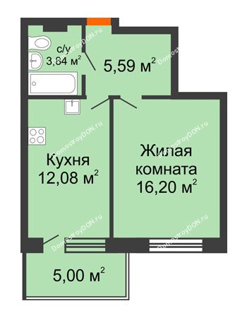 1 комнатная квартира 42,71 м² в ЖК Гвардейский 3.0, дом Секция 2