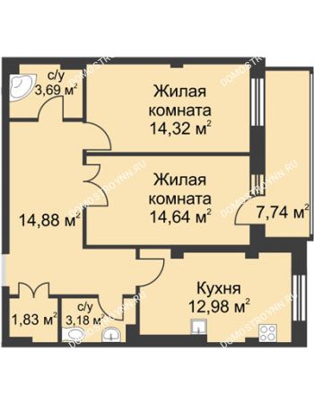 2 комнатная квартира 70,2 м² в ЖК Премиум, дом №1