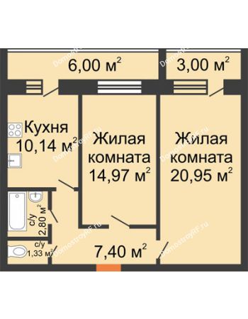 2 комнатная квартира 66,59 м² в ЖК На Волгина, дом 4 очередь