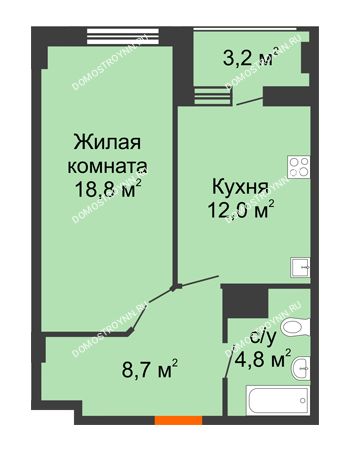 1 комнатная квартира 45,9 м² в ЖК Квартет, дом № 3