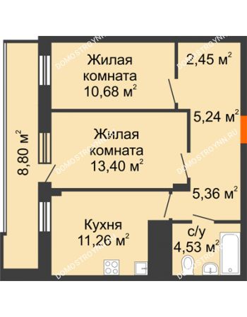 2 комнатная квартира 57,32 м² в ЖК Циолковский, дом № 5