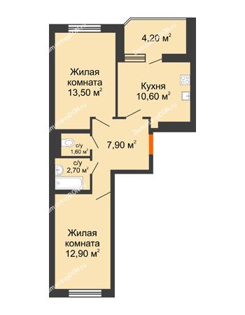 2 комнатная квартира 51,3 м² в ЖК Вересаево, дом Литер 17