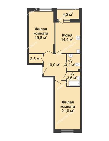2 комнатная квартира 79,5 м² в ЖК Монолит, дом № 89, корп. 3