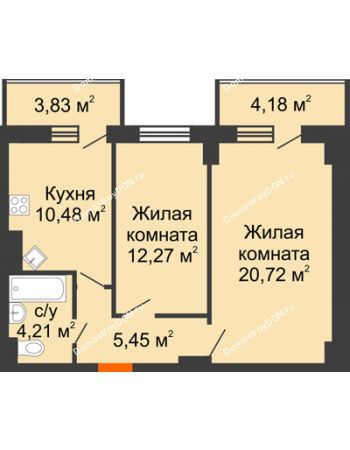 2 комнатная квартира 61,14 м² в ЖК Горизонт, дом № 2