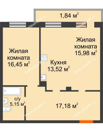 2 комнатная квартира 70,12 м² в ЖК Норма, дом № 2