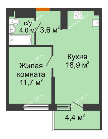 1 комнатная квартира 38,2 м² в ЖК Отражение, дом Литер 1.2