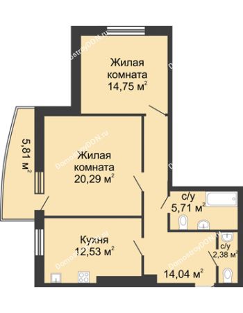 2 комнатная квартира 74,7 м² в ЖК Тихий Дон, дом № 1