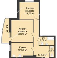 2 комнатная квартира 74,7 м² в ЖК Тихий Дон, дом № 1 - планировка