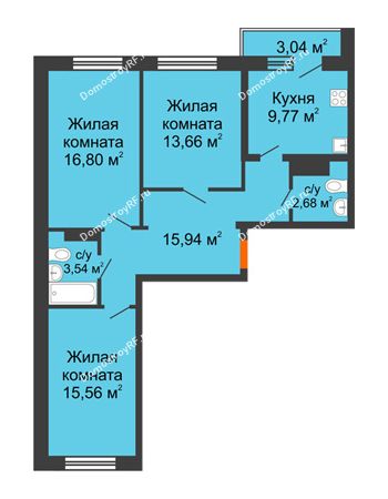 3 комнатная квартира 79,47 м² в ЖК Волжские паруса	, дом №4, Б-2-1