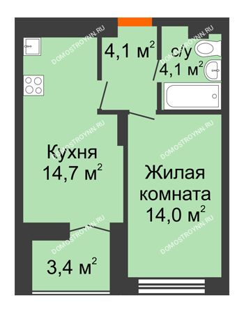 1 комнатная квартира 38,6 м² в ЖК Заречье, дом № 1, секция 1