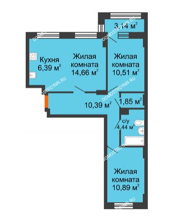 3 комнатная квартира 60,7 м² - ЖК Каскад на Куйбышева