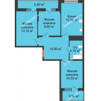 3 комнатная квартира 64,7 м² в ЖК Грани, дом Литер 2 - планировка