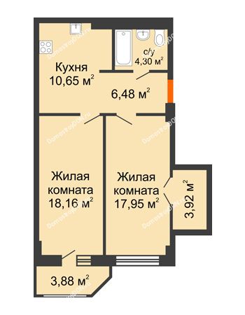 2 комнатная квартира 63,4 м² в ЖК Кристалл, дом Литер 2