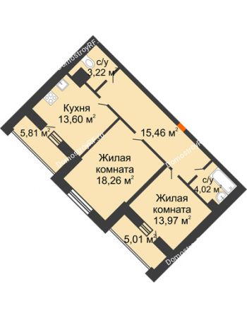2 комнатная квартира 73,93 м² - ЖД Эльбрус