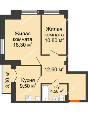 2 комнатная квартира 57,2 м² - ЖК Гагарин