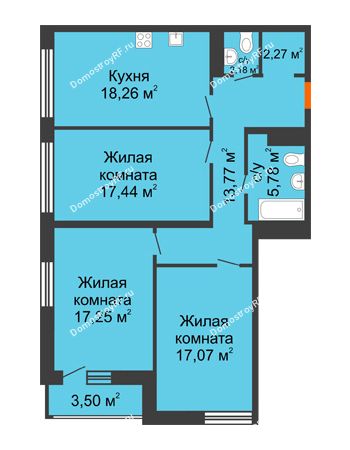 3 комнатная квартира 95,74 м² в ЖК Бунин, дом 1 этап, секции 11,12,13,14